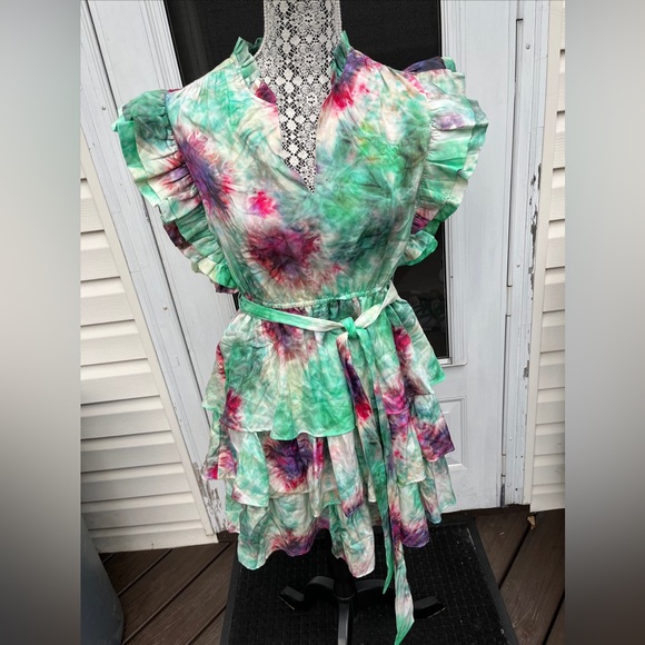 MARIE OLIVER LADIES GREEN PINK TIR DYE RUFFLE SILK COTTON DRESS-S - Picture 2 of 9